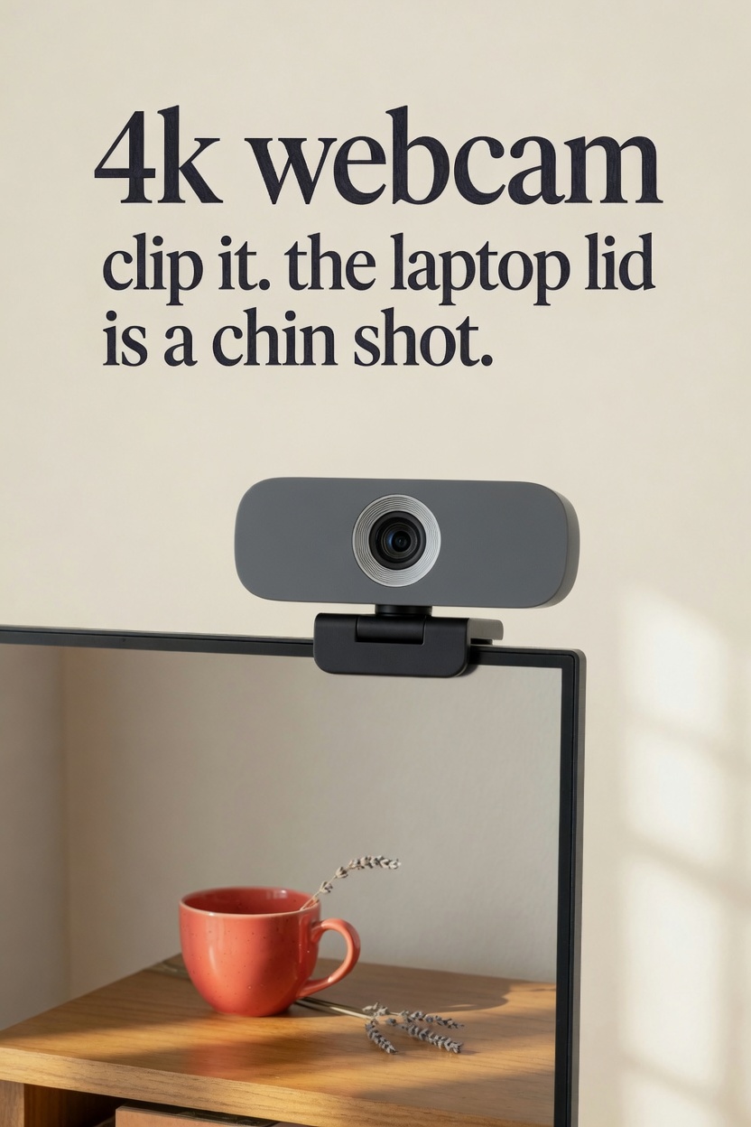 4k webcam clipped to a monitor, with the words 4k webcam and clip it, the laptop lid is a chin shot