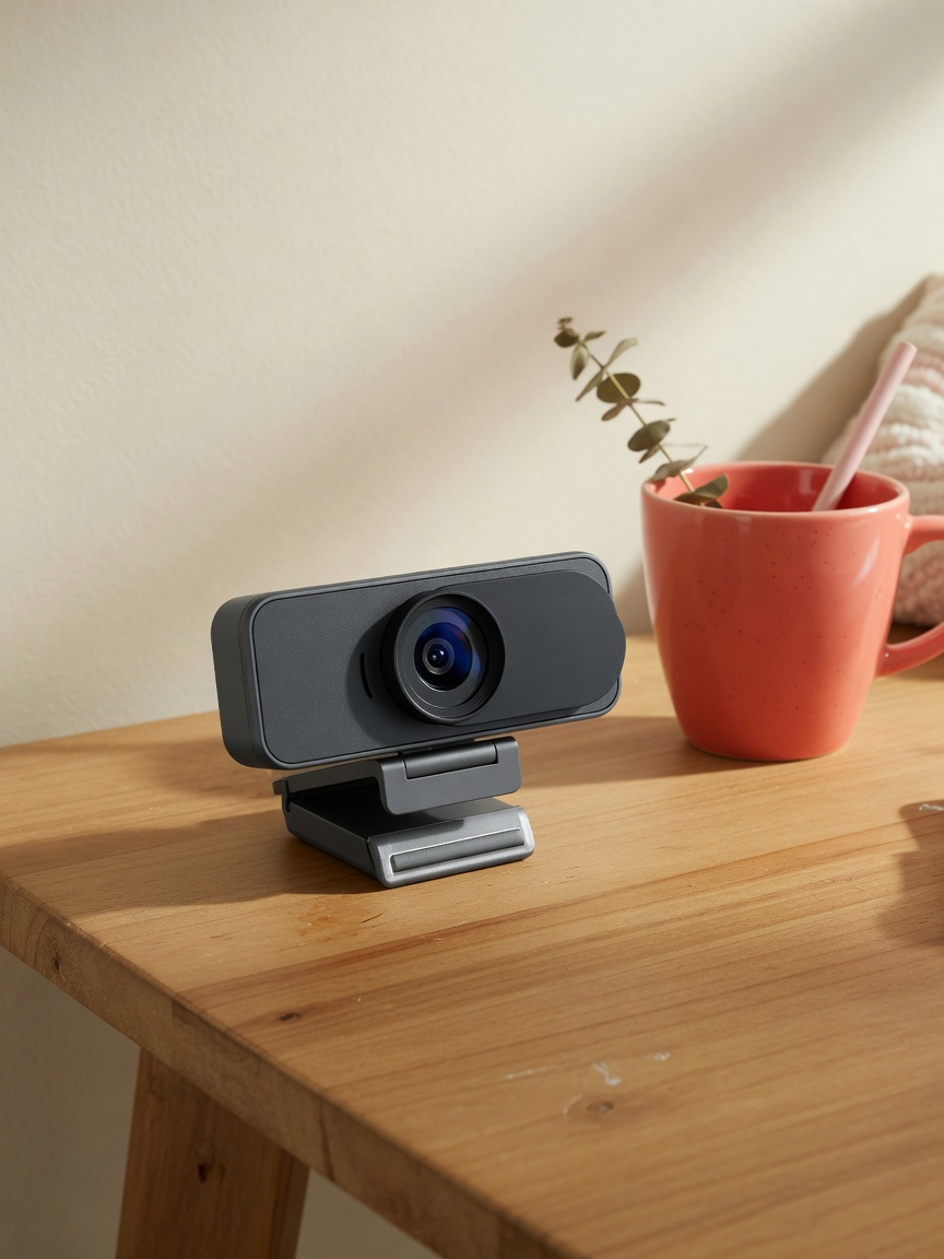 4k webcam on a wood desk beside a coral mug