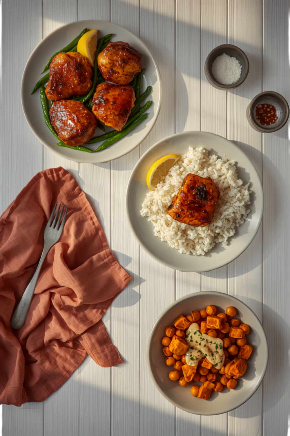 three finished weeknight dinner plates on a bright counter — four crispy browned chicken thighs with blistered green beans and a lemon wedge, a glazed salmon fillet with rice, and a bowl of sweet potato and crispy chickpeas — with a coral linen napkin and a fork in soft daylight