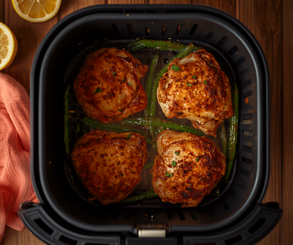 an overhead view into a dark square air fryer basket holding four crispy chicken thighs and green beans in a single layer, lemon halves and a coral napkin on the wood counter beside it