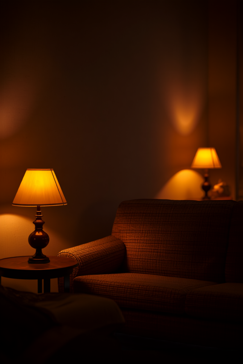 a dim living room in the evening lit only by two small warm cordless table lamps casting amber pools of light, the overhead light off