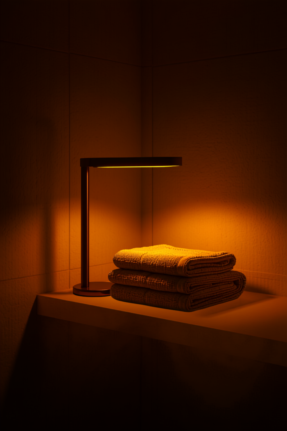 a small cordless table lamp glowing warm on a bathroom shelf with no cord in sight, casting a soft amber pool of light against tile in the evening