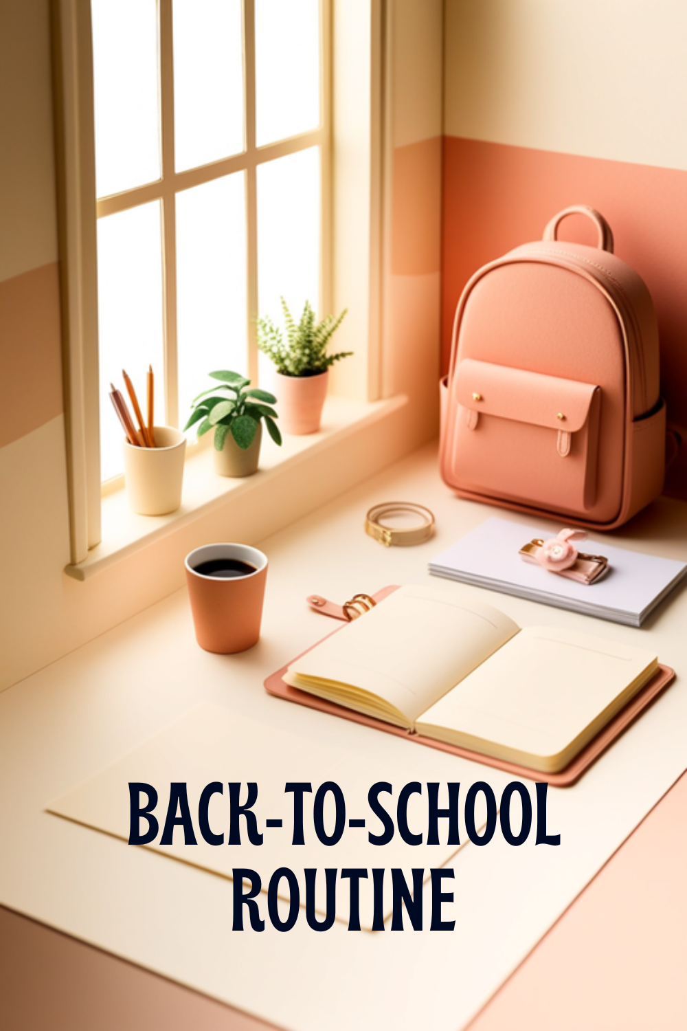 a calm, tidy desk by a sunny window with an open planner, a coffee, a small plant and a packed bag nearby, set up for the start of a new semester