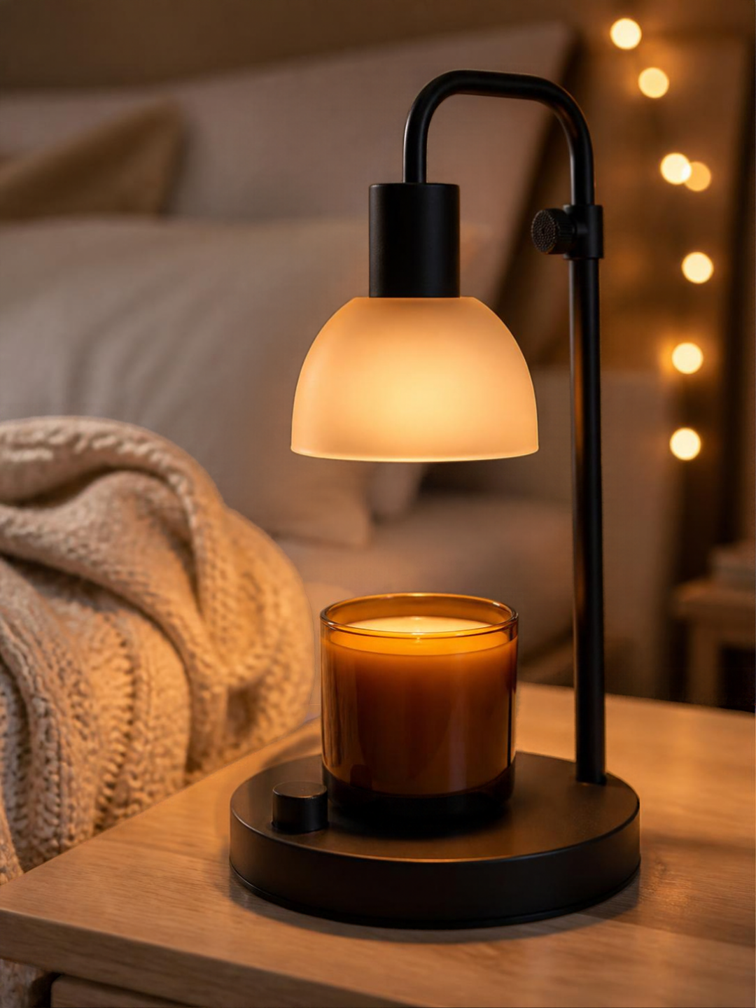 black candle warmer lamp with a frosted glass shade on a wood nightstand, shining down on an amber jar candle whose top has melted into a smooth, even pool, with a dimmer knob on the base and a cream knit blanket beside it