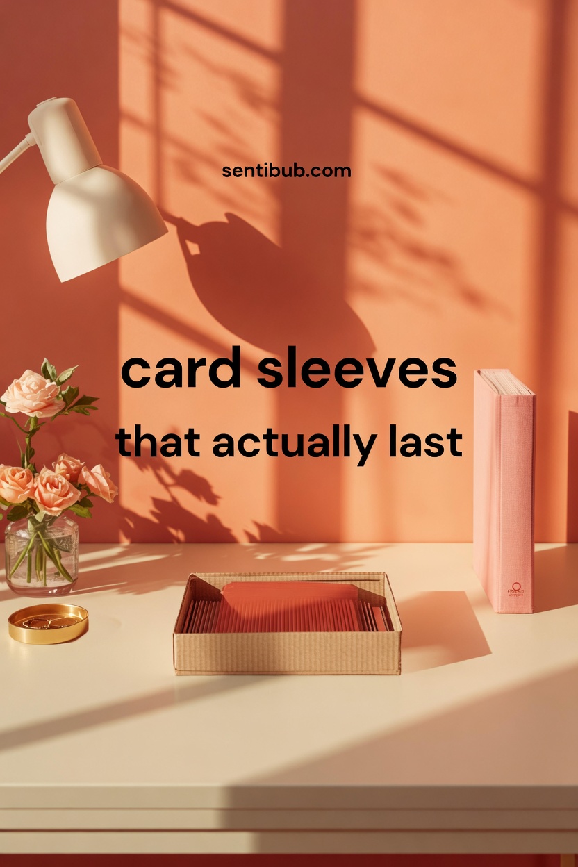 card sleeves in a cardboard box on a coral apartment desk, with a pink binder, roses, and overlay text card sleeves that actually last