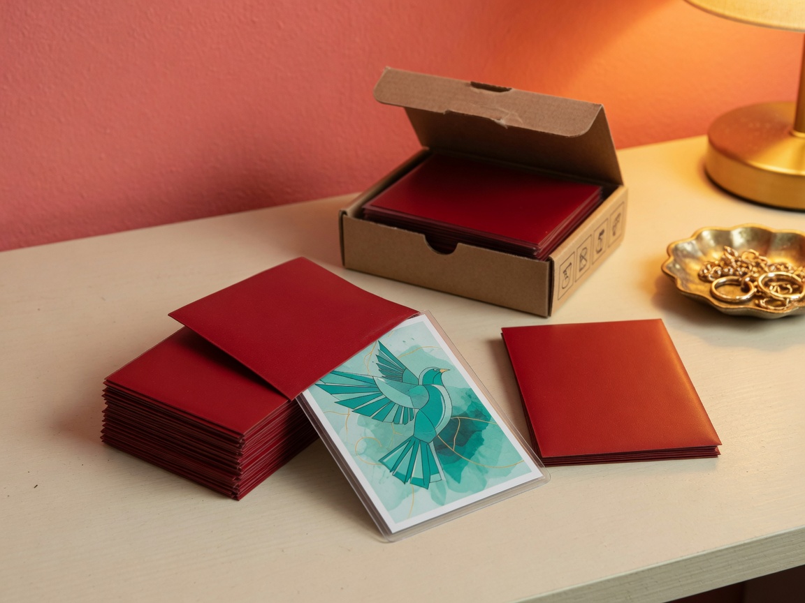 crimson matte card sleeves on a cream desk, one generic illustrated card halfway into a sleeve, coral wall and jewelry dish behind
