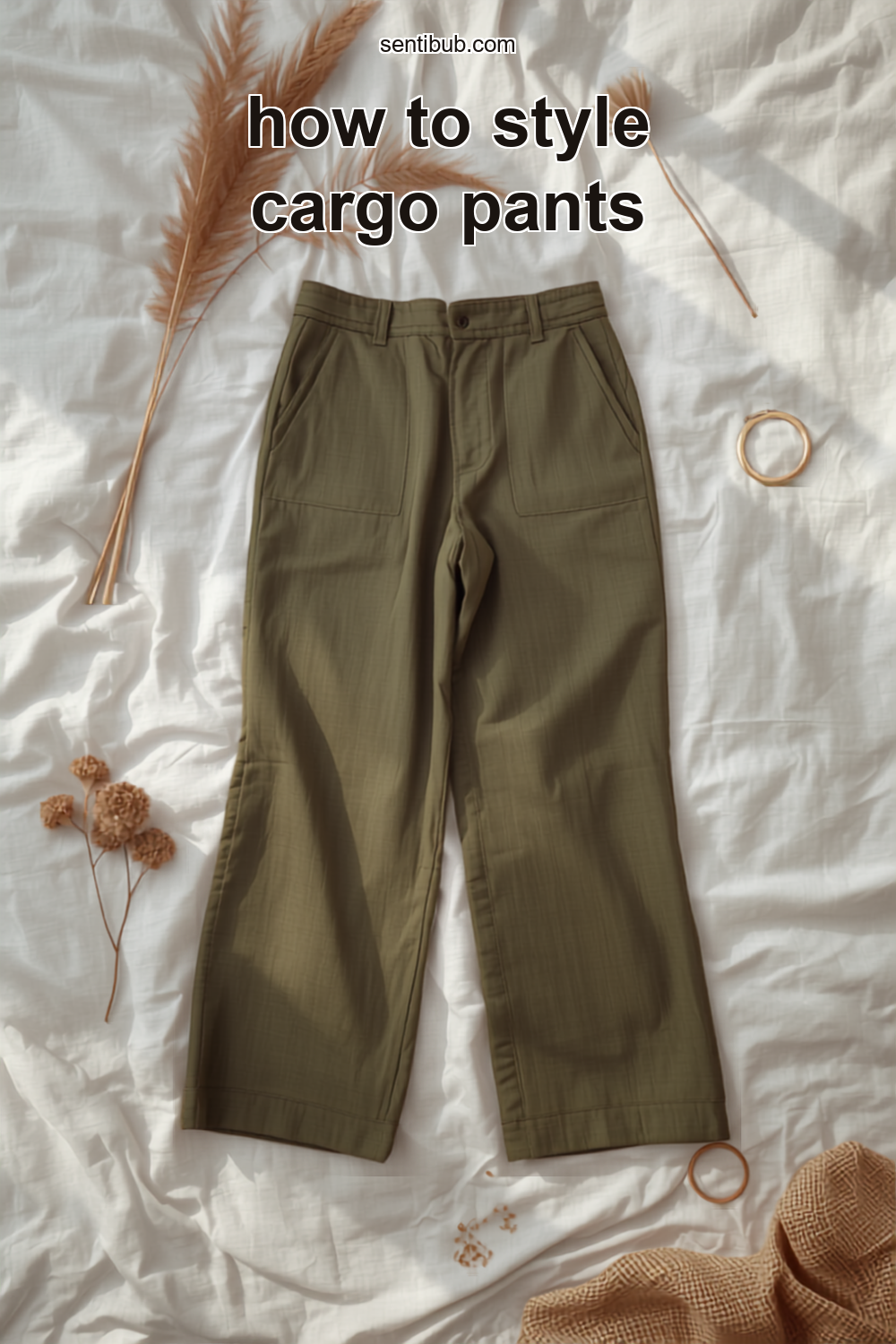 olive green wide-leg cargo pants laid flat on white linen with dried coral pampas grass, gold hoop earrings and a raffia bag, styled as a cargo pants outfit flat lay