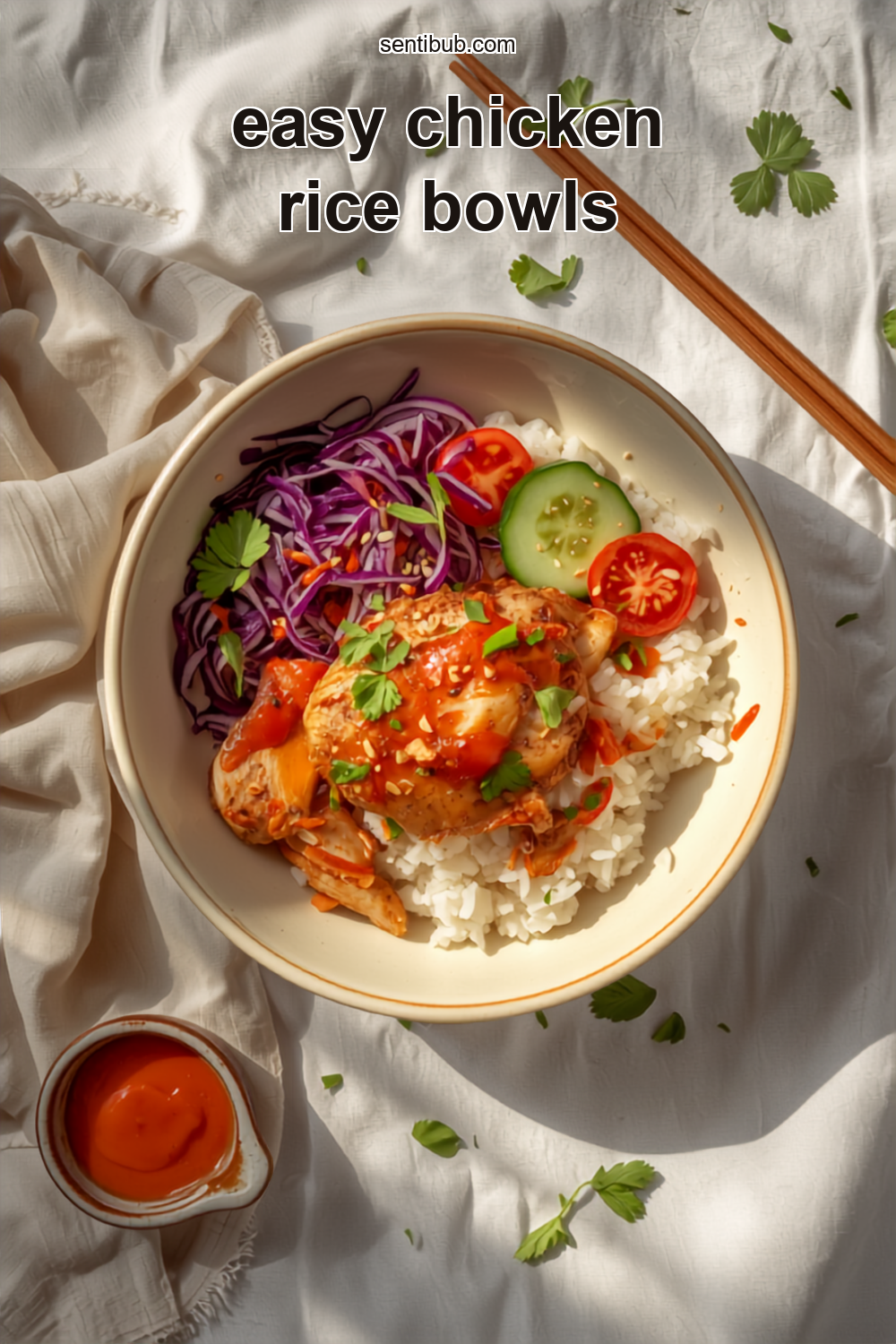 an easy chicken rice bowl in a cream ceramic bowl — white rice, sliced seared chicken with coral sriracha sauce, shredded red cabbage, cucumber, cherry tomatoes, cilantro and sesame seeds, with chopsticks on linen