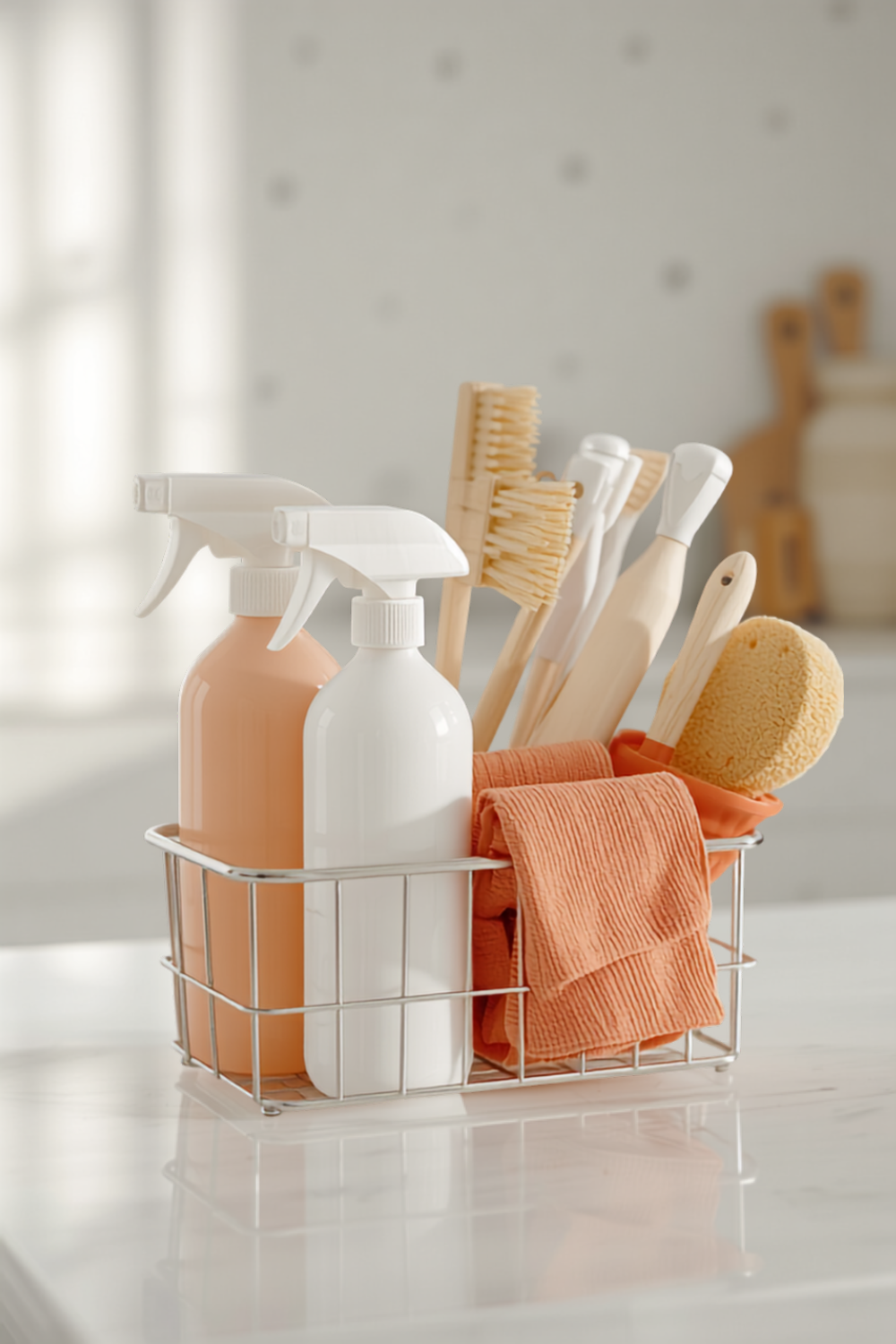 a black cleaning caddy loaded with spray bottles, microfiber cloths and scrub brushes on a bright white kitchen counter
