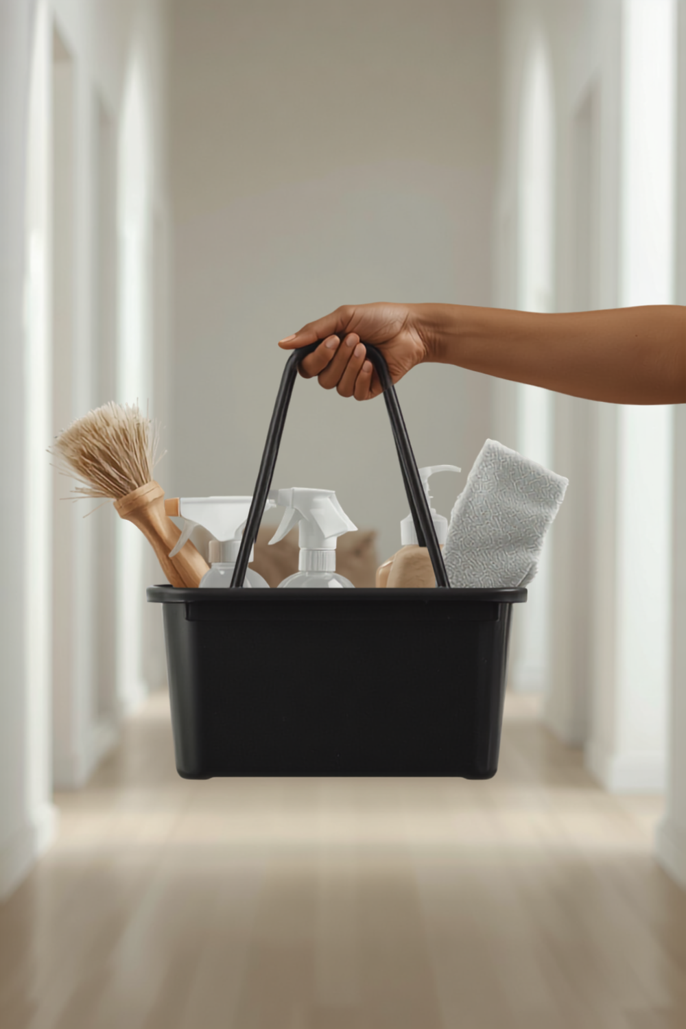 a large black cleaning caddy with a center carry handle and side pockets holding two spray bottles, folded microfiber cloths and a scrub brush, held over a kitchen floor
