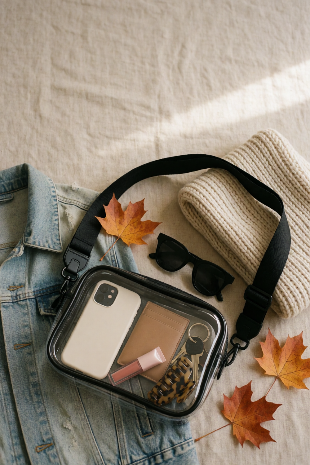 clear stadium bag with black trim packed with a phone, cardholder, lip gloss and keys on a denim jacket with fall leaves