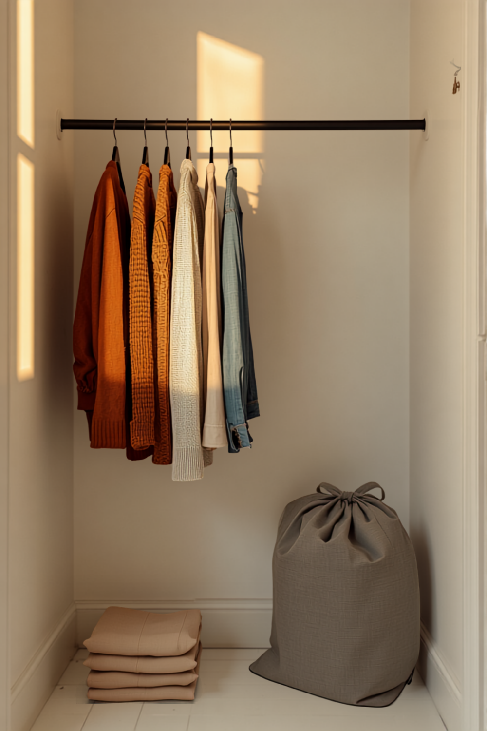 a small renter closet mid switch-over with fall pieces re-hung on slim black velvet hangers, folded summer clothes stacked on the floor and a long gray under-bed storage bag pulled open beside them