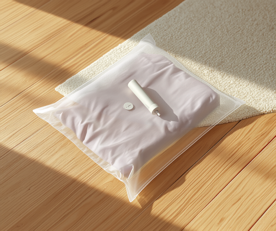 a large clear vacuum storage bag on a bedroom floor packed flat with folded summer clothes, the small white hand pump sitting on top of the sealed valve
