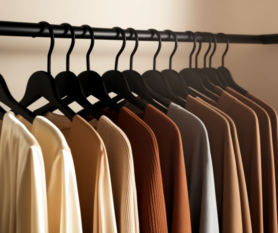 a closet rod densely and evenly hung with slim black velvet hangers, blouses and a knit cardigan spaced with visible clear rod at one end