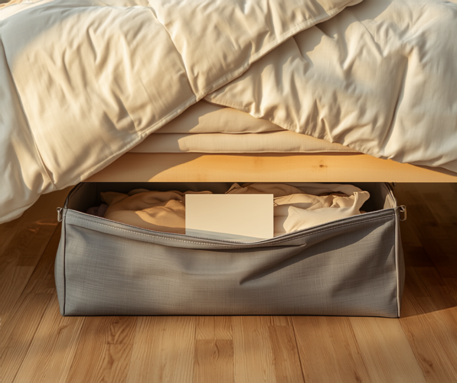 a long low gray fabric under-bed storage bag pulled halfway out from beneath a bed, its open top showing neatly folded summer clothes inside, a blank label card tucked at the front