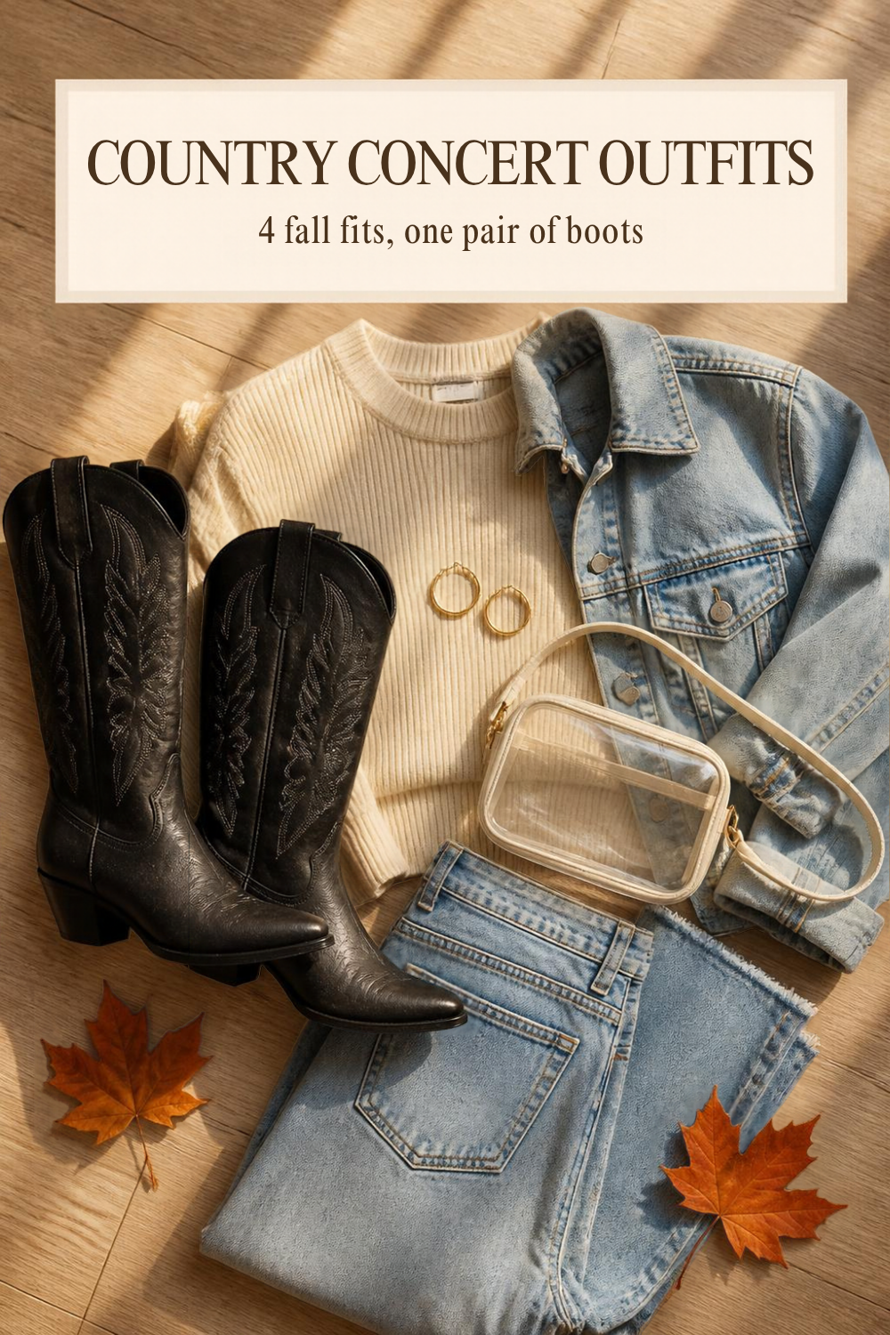 flat lay of black knee-high cowboy boots with western stitching next to a cream ribbed sweater, a light denim jacket, light-wash jeans, a small clear crossbody bag, gold hoops and orange maple leaves on a wood floor