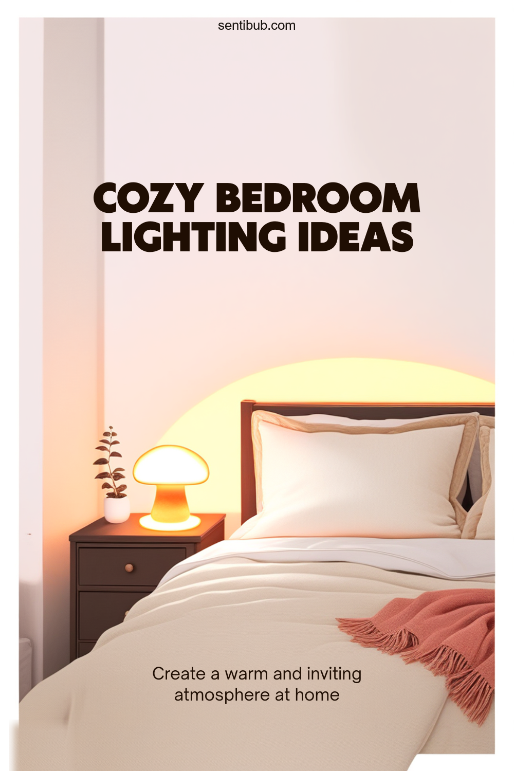 cozy bedroom lighting at dusk — a glowing mushroom table lamp on a nightstand casting warm amber light, an amber sunset glow on the pale wall, cream bedding and a coral throw blanket