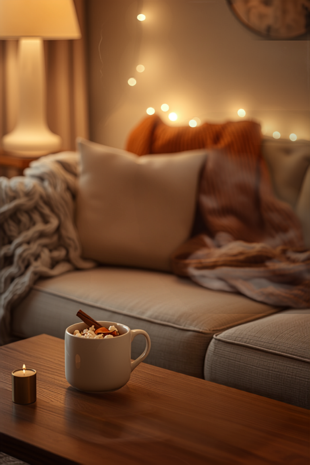 cozy fall night in — a dim living room lit by one warm lamp and string lights, with a steaming mug of spiced cider topped with a cinnamon stick, a small lit candle on the coffee table and knit throws draped over the couch