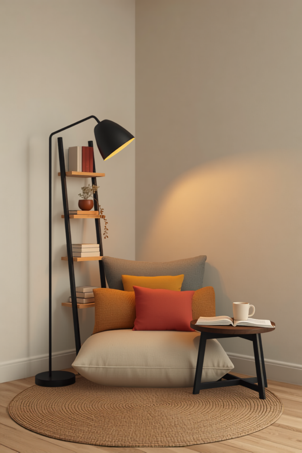 a cozy reading nook corner in a small apartment — a cream floor cushion with a backrest pillow tucked into the corner, a tall black shelf lamp glowing warm beside it with books stacked on its tiers, and a small wood side table slid in with a mug on top