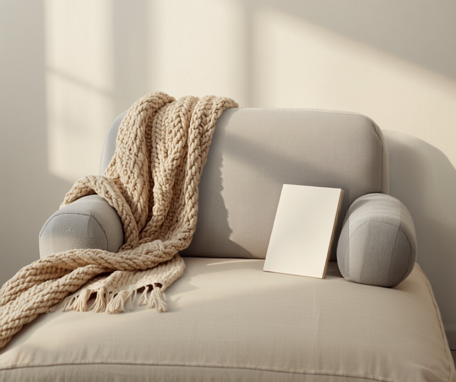 an eighteen inch backrest reading pillow with padded arms propped in a corner on a cream floor cushion, a folded knit throw beside it in warm lamplight