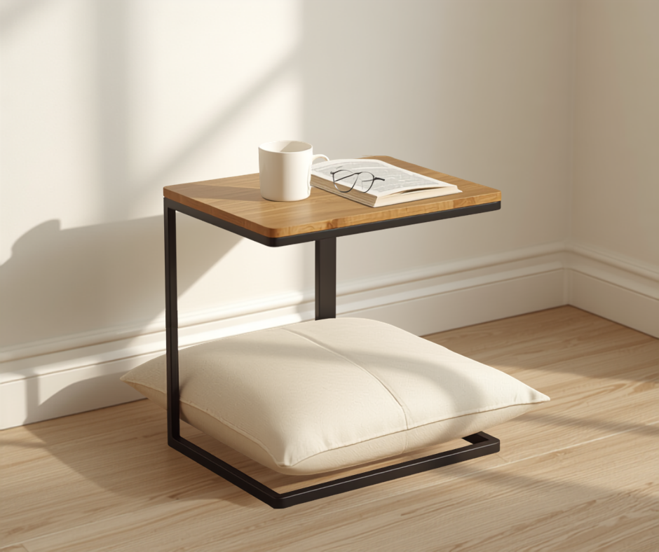 a small c shaped side table with a black metal frame and warm oak top, its base slid under a cream floor cushion and its top hovering over the seat with a mug, reading glasses and an open book on it