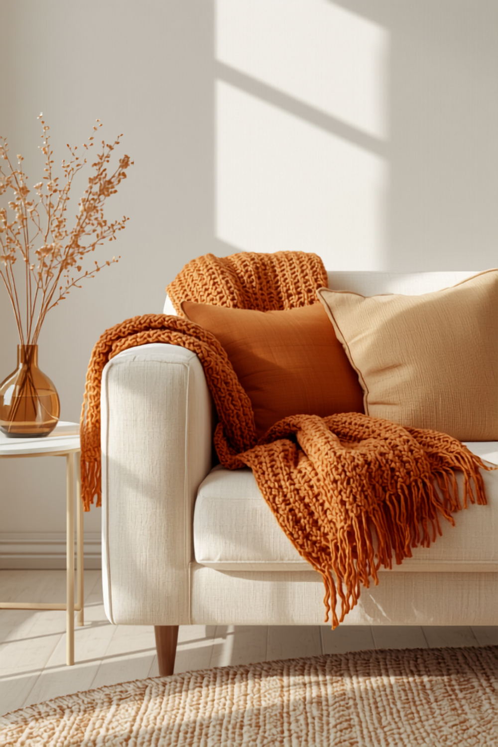 a cozy couch corner styled for early fall with a chunky caramel cable-knit throw and dark rust and cream pillows in warm afternoon light