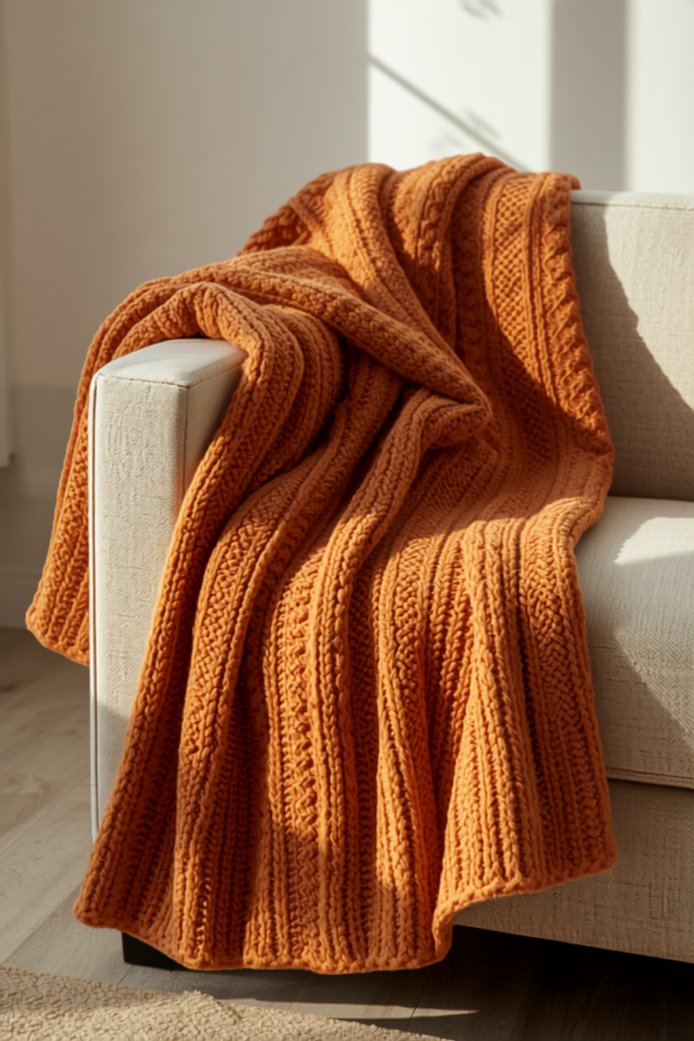 a chunky caramel-rust chenille cable-knit throw blanket draped over the arm of a cream sofa, the thick knit texture catching warm light