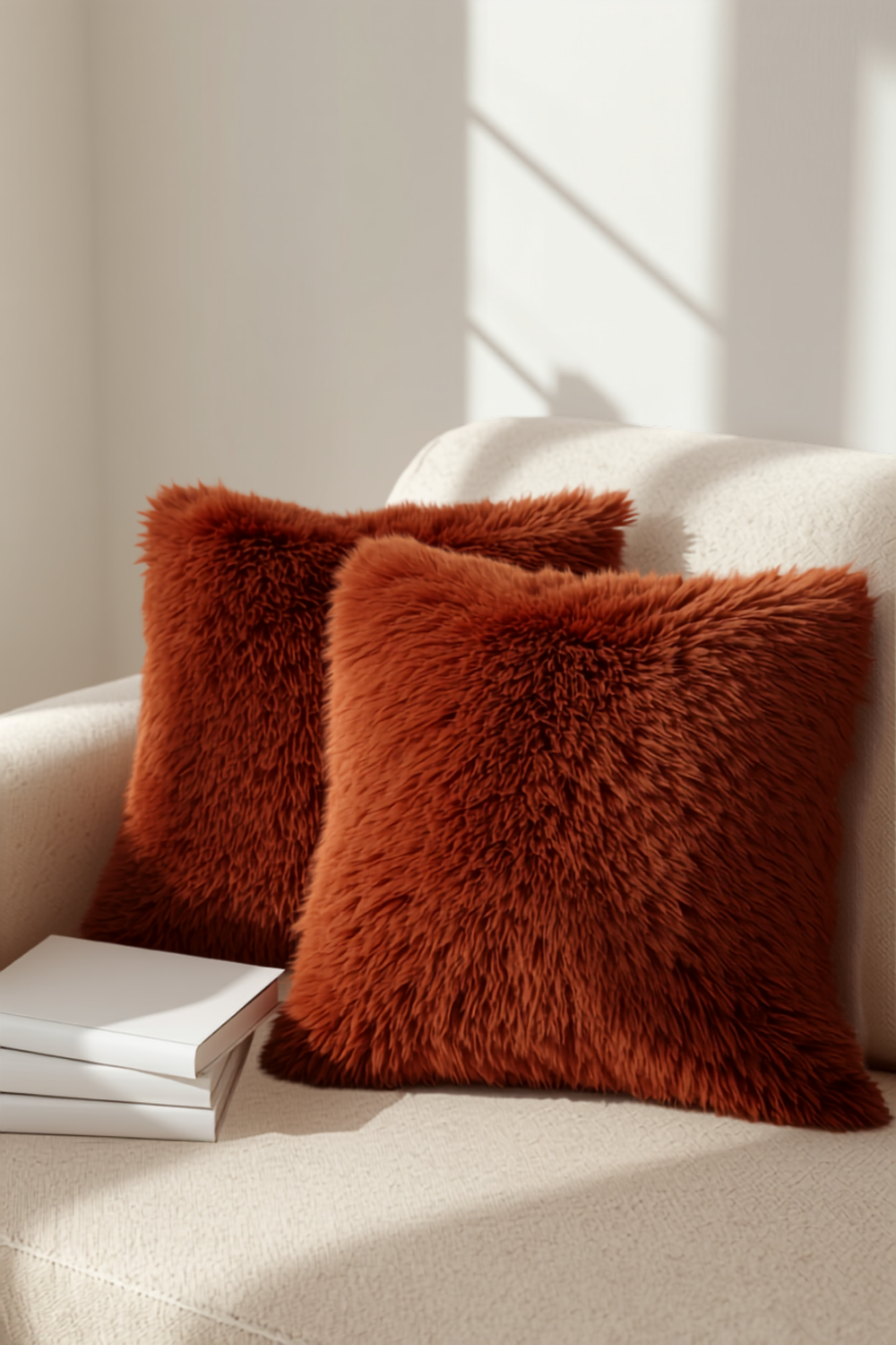 two dark rust plush faux-fur throw pillows layered against cream cushions in a sofa corner, the soft pile catching warm light