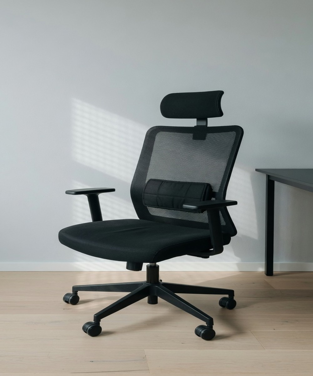 black mesh ergonomic office chair with a headrest and lumbar cushion next to a desk