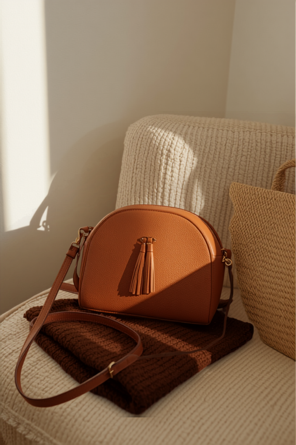 a cognac vegan-leather dome crossbody bag with two front tassels sitting on a folded chocolate-brown knit on a cream chair, a straw tote half out of frame beside it, in low warm september light — the fall bag swap