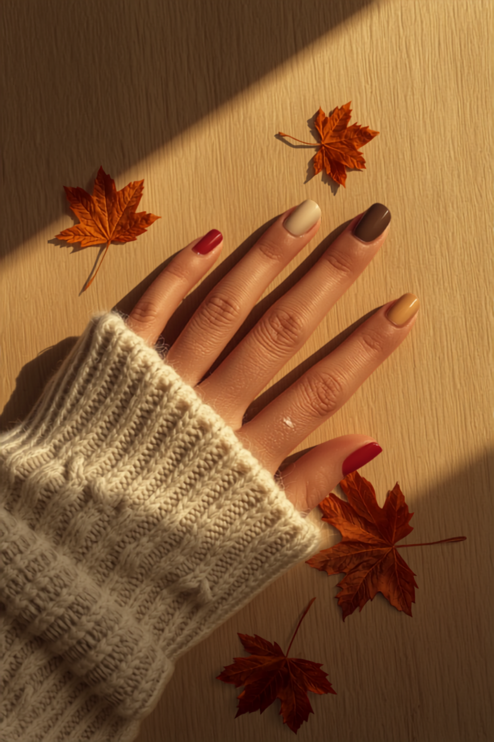five fall nail colors shown as glossy polish swatches on one hand resting on a cream cable-knit cuff — cherry red, warm milky beige, chocolate espresso, caramel brown and deep berry red — with dried maple leaves on pale oak in low golden light