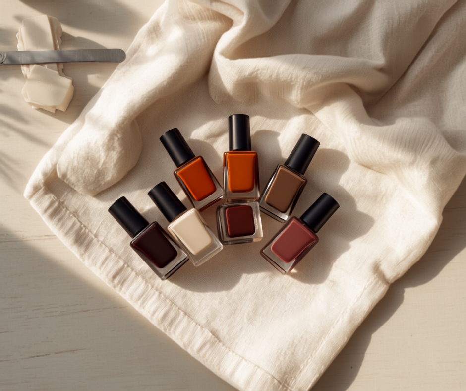 a fall gel nail polish set of small bottles in burgundy, brown, terracotta, nude and pink fanned out on a cream linen surface next to a nail file, in warm afternoon light