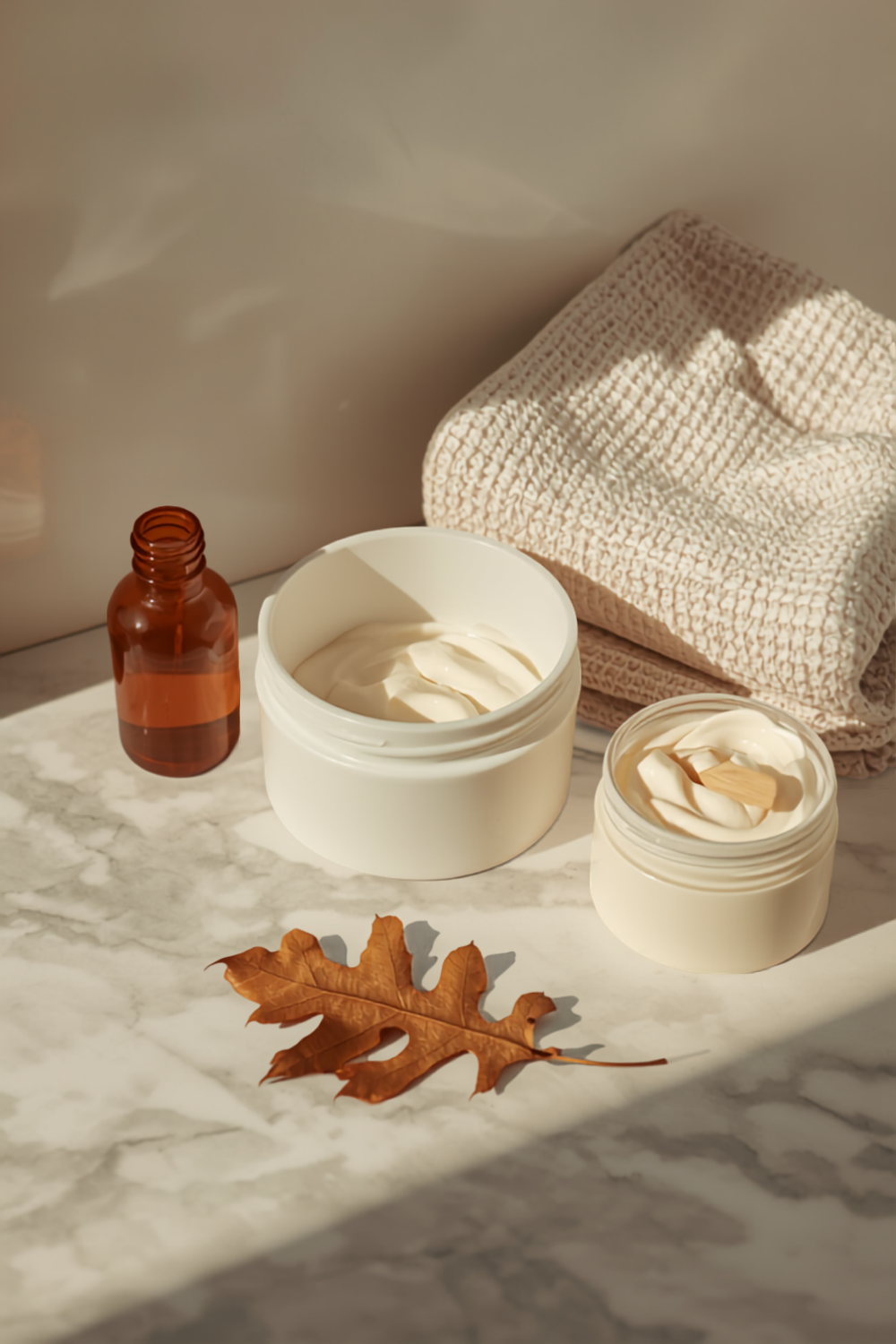a fall skincare routine laid out on a pale marble bathroom shelf — a small amber glass serum bottle, a white tub of ceramide cream with the lid off, and a little jar of overnight lip mask with a wooden spatula in it, with a folded waffle washcloth and one dried oak leaf, in soft warm morning light