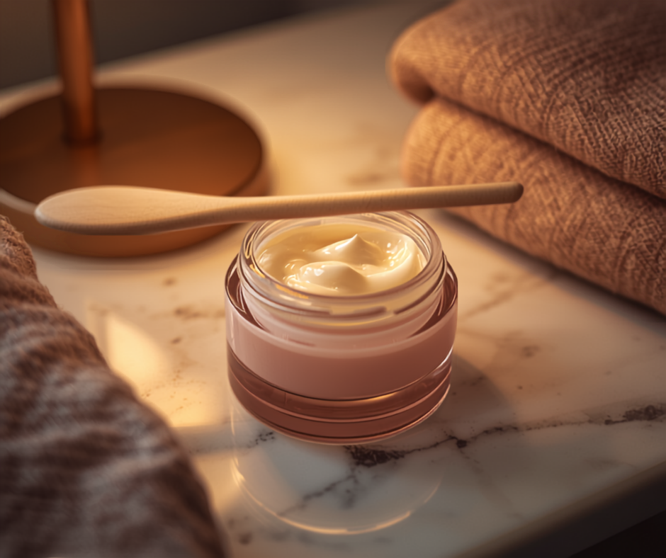 a small round pink glass jar of overnight lip mask open on a pale marble nightstand with a wooden spoon resting behind it, a warm bedside lamp glowing softly and folded oatmeal throws in the background