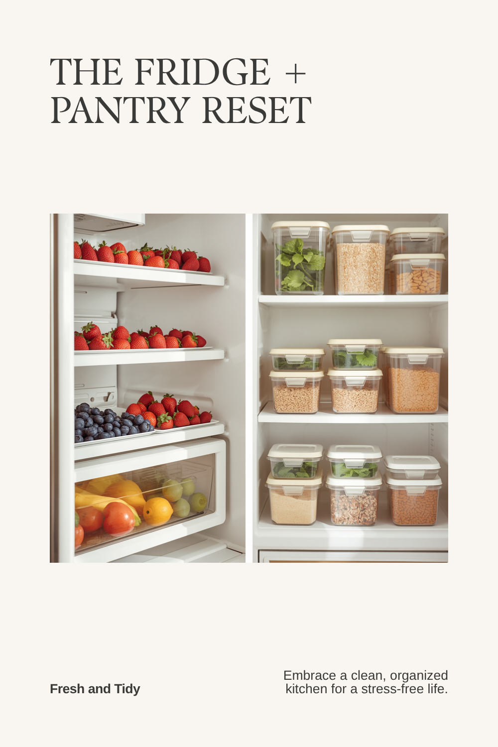 a bright fridge and pantry reset — fresh fruit on the fridge shelves beside clear stackable containers of grains and dry goods, in warm kitchen light