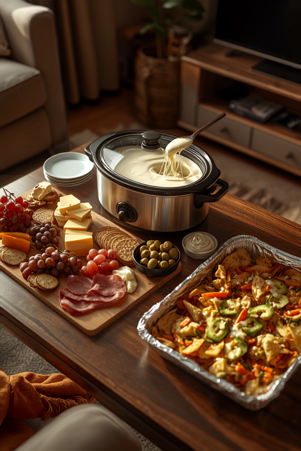 a game day snack spread on a coffee table — a slow cooker of white queso with tortilla chips, a loaded bamboo snack board of cheese, folded salami, crackers and grapes, and a sheet pan of nachos in warm afternoon light