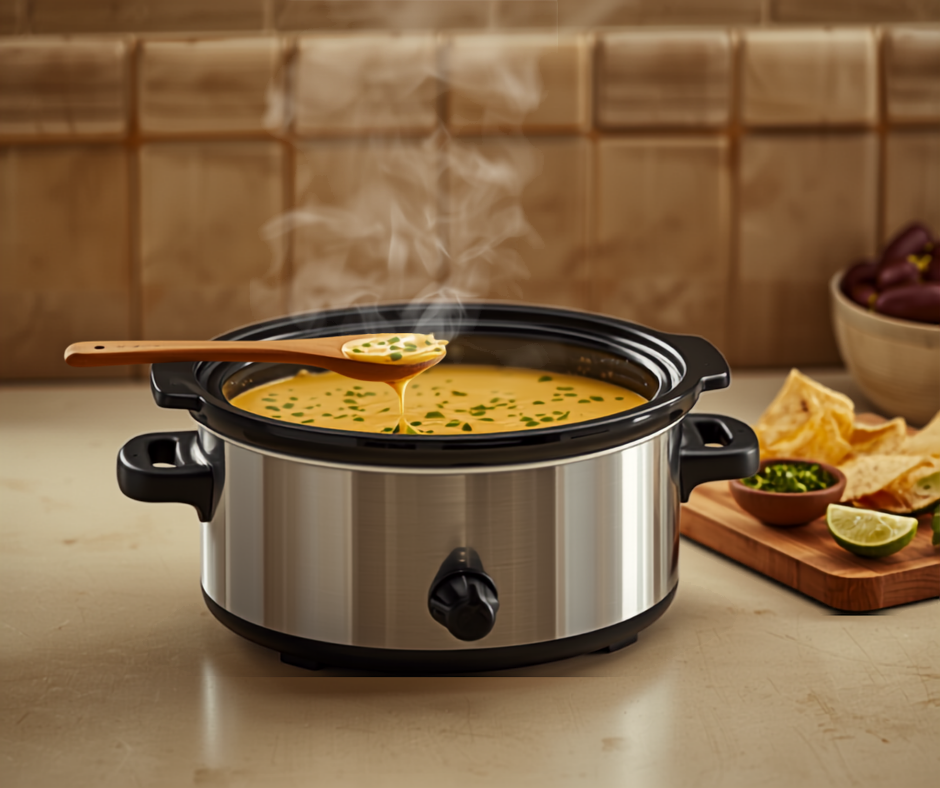 a stainless slow cooker on a kitchen counter filled with smooth melted queso flecked with jalapeno, a wooden spoon resting across the rim, tortilla chips and lime on a board beside it in warm light