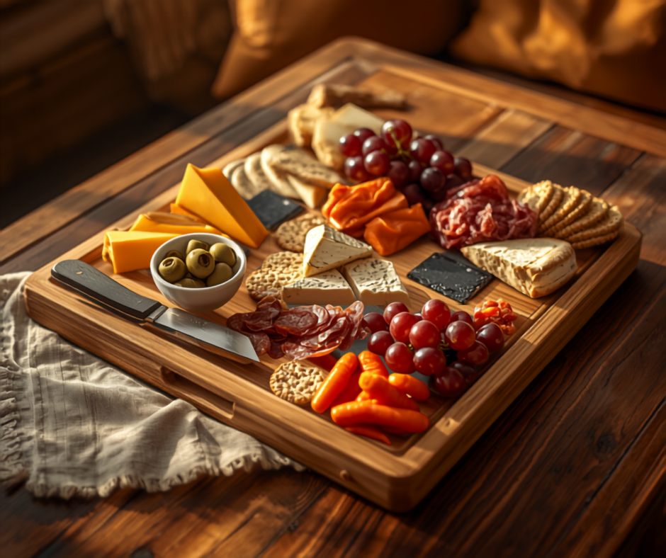 a bamboo serving board with sliced cheddar, brie wedges, folded salami, crackers, red grapes, dried apricots, olives in a small ceramic bowl and a cheese knife, on a coffee table in warm light