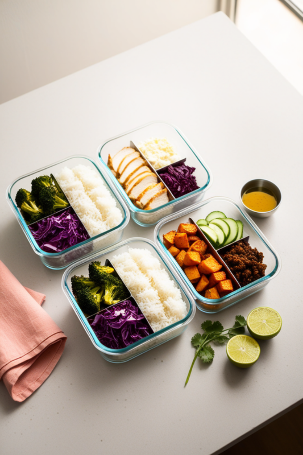 four packed glass meal prep lunches in 3-compartment glass containers on a light counter — jasmine rice with glazed sliced chicken and roasted broccoli, a red cabbage crunch bowl with chickpeas and feta, and a chipotle sweet potato and black bean bowl, with a small stainless dressing cup beside them