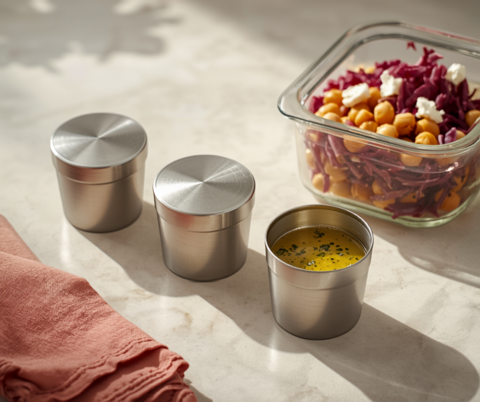 four small stainless steel dressing cups with screw-on silicone lids lined up on a counter, one open showing an oregano vinaigrette, beside a packed cabbage and chickpea crunch bowl in a glass container