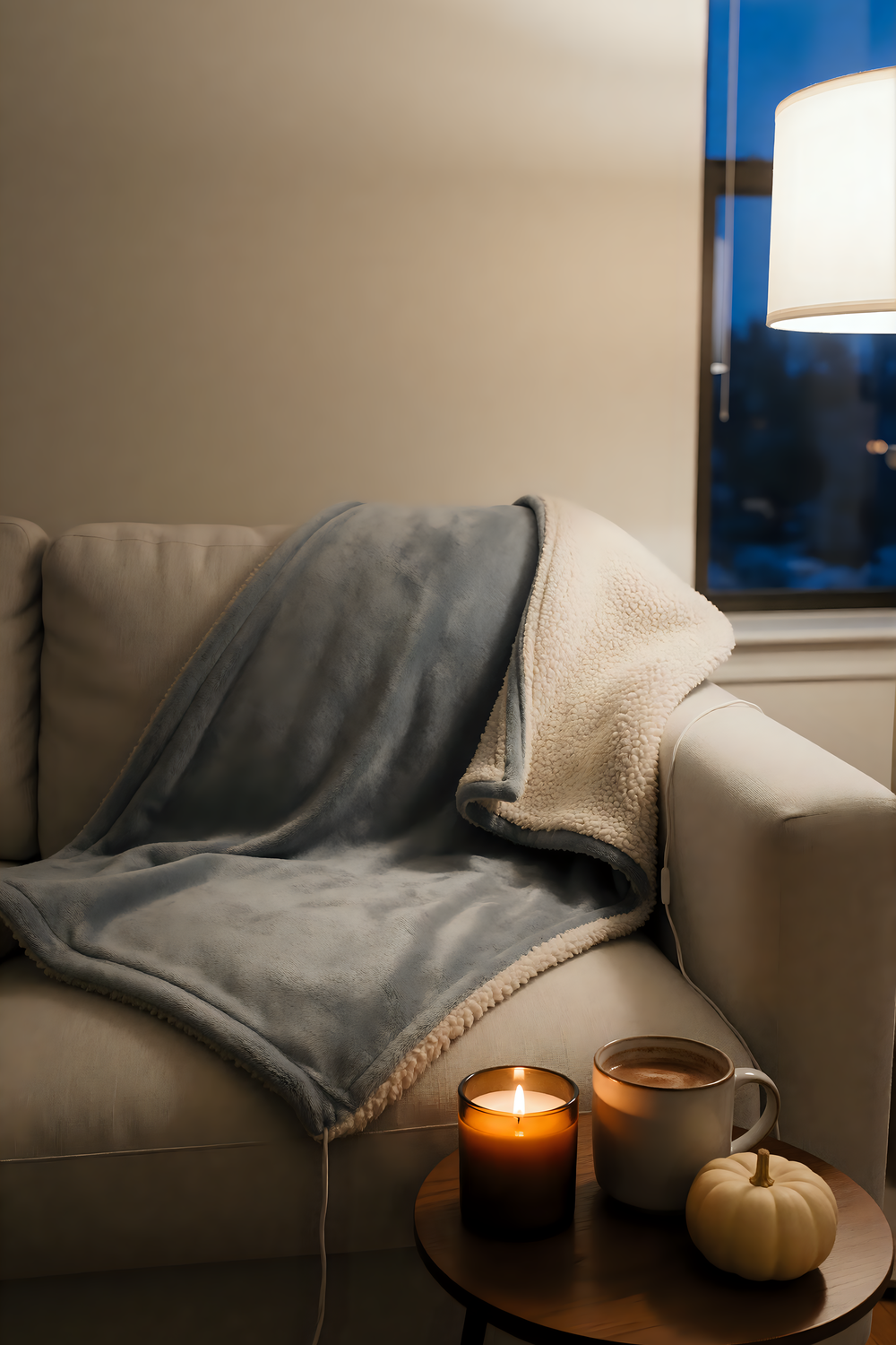 grey flannel heated throw blanket with a cream sherpa underside draped over a beige sofa next to a lit candle, a mug of cocoa and a small white pumpkin