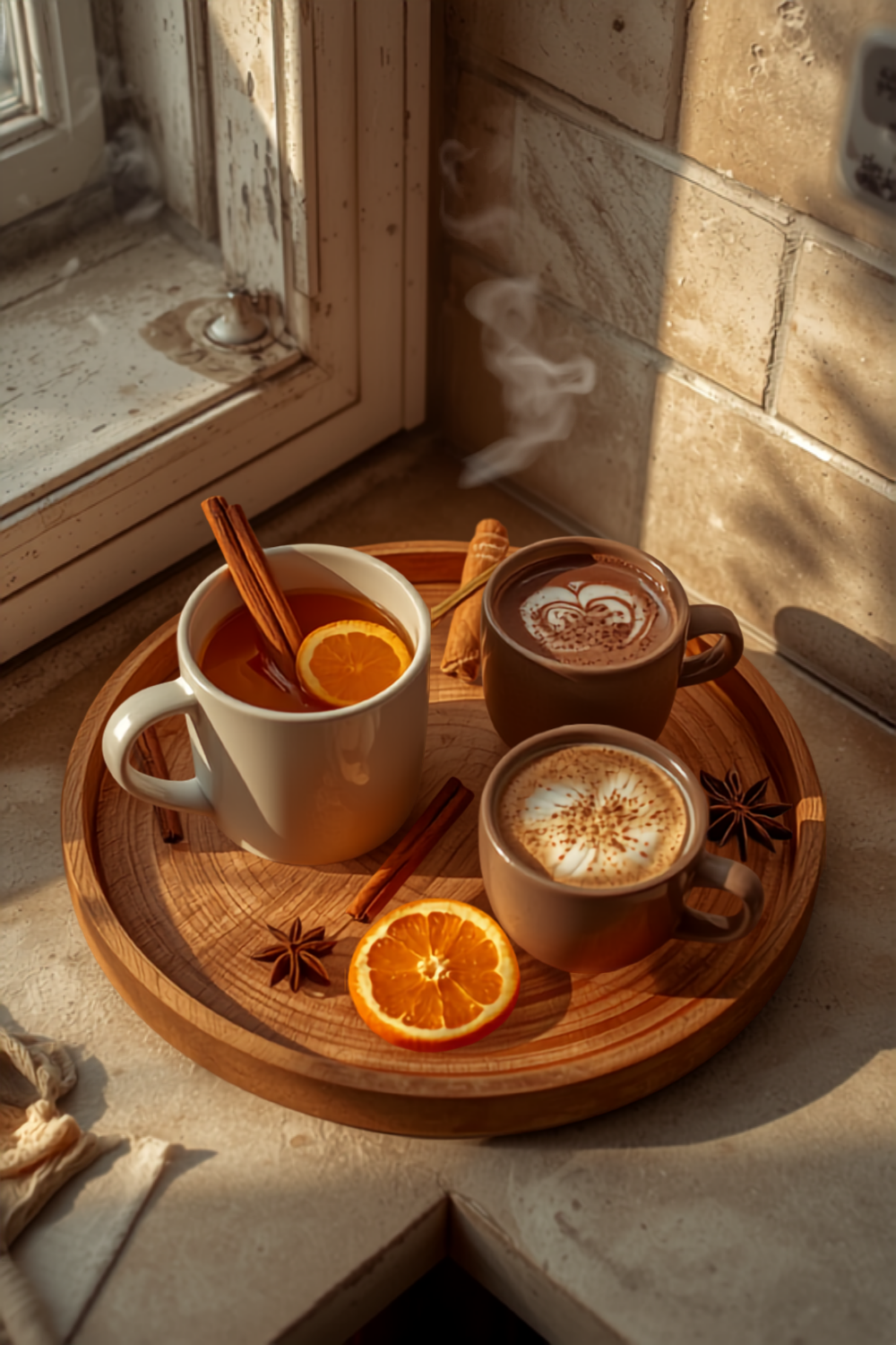 a fall drink station in the corner of a counter — a mug of mulled apple cider with a cinnamon stick, a mug of dark hot cocoa, and a maple latte with foam, on a wooden tray with cinnamon sticks, star anise and orange slices in warm light