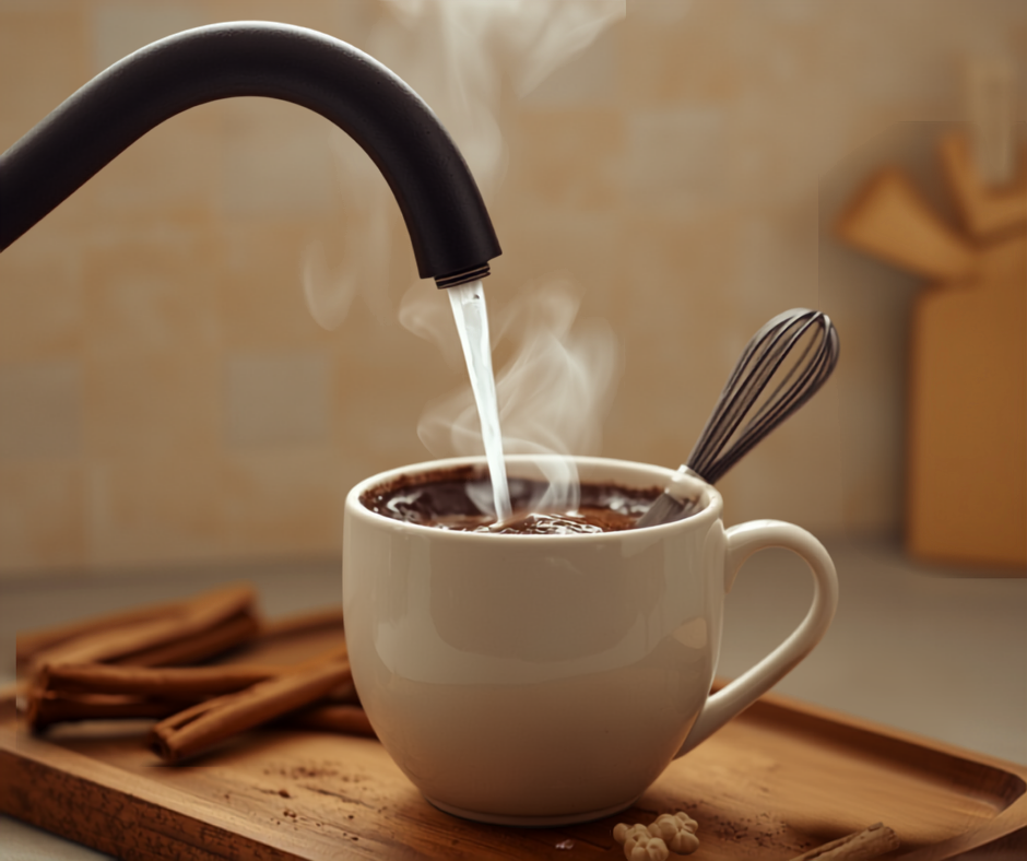 the narrow curved spout of a matte black gooseneck electric kettle pouring a thin stream of hot water into a steaming mug of dark cocoa with a small whisk resting inside, cinnamon sticks on the wooden tray beside it