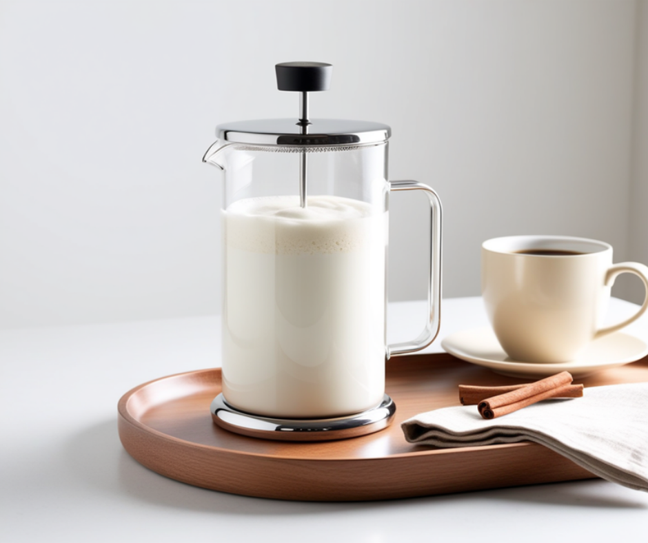 a glass and polished-steel french press on a wooden tray beside a mug of coffee, filled with frothed milk with the plunger raised, bright kitchen light behind it