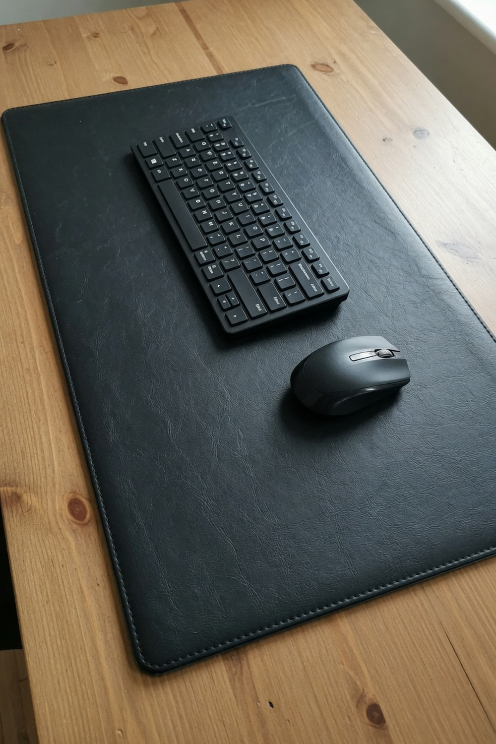 black leather desk pad on a small wood desk with a keyboard and mouse on top