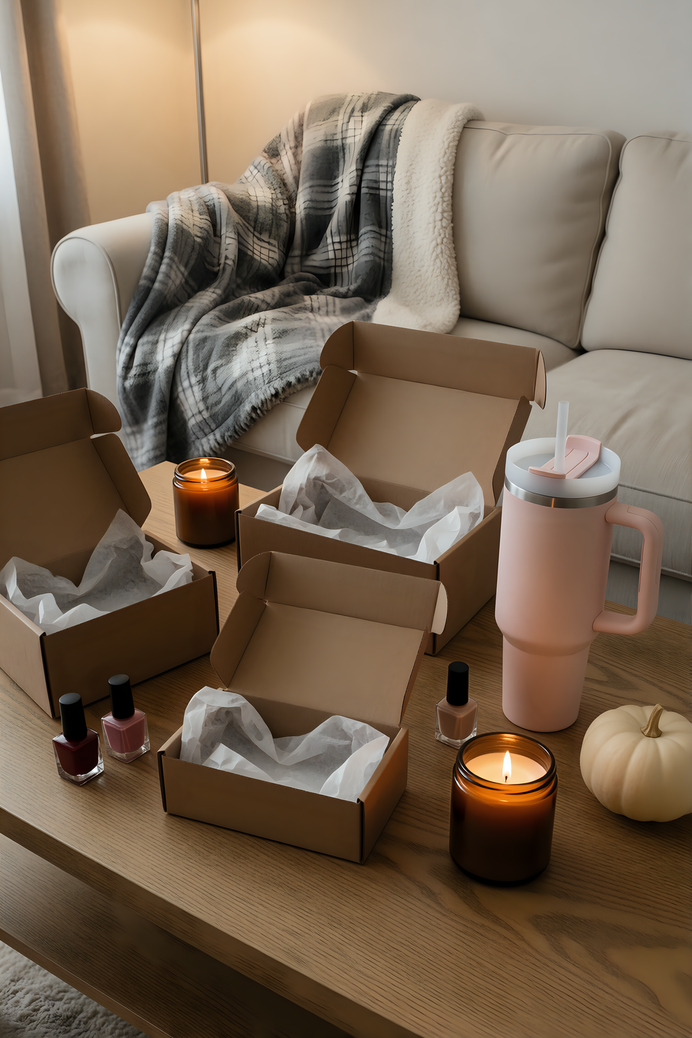 open kraft shipping boxes with white tissue paper on a wooden coffee table with a pink tumbler, lit amber candles, nail polish bottles and a small white pumpkin, a grey plaid sherpa throw on the sofa behind