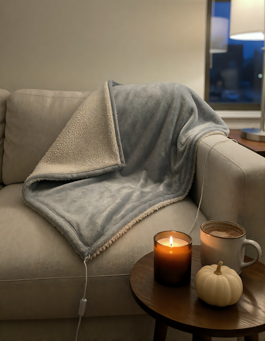 grey flannel heated throw blanket folded back to show its cream sherpa side, draped over a beige sofa arm with its thin white cord running down beside a candle and a mug of cocoa