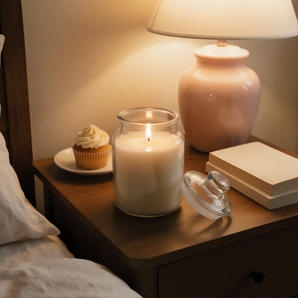 a large glass jar candle with cream wax and one lit wick on a wooden nightstand, its glass lid resting beside it, a vanilla frosted cupcake on a small plate, books and a pink lamp in warm evening light