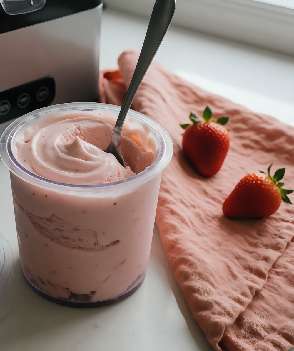 a clear pint container of freshly spun pale pink strawberry ice cream with a spoon in it, the base of an ice cream machine behind it, two strawberries on a coral napkin