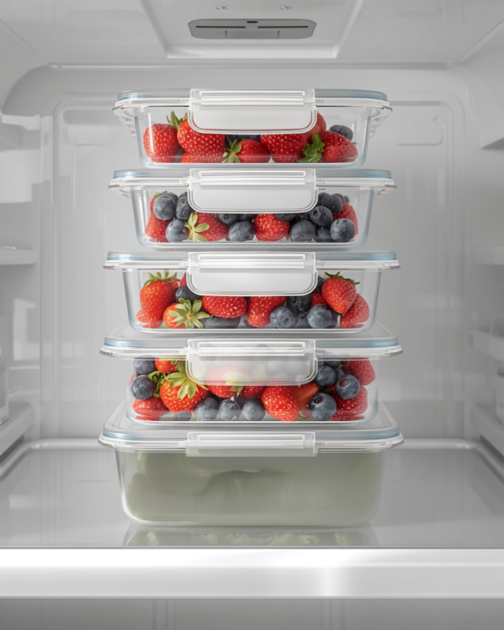 clear stacked food storage containers filled with strawberries and blueberries on a bright refrigerator shelf